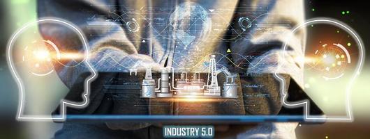 el concepto de revolución industrial no. 5 es mejorar el proceso de producción para ser más eficiente. trabajando juntos entre humanos, sistemas inteligentes ai y robots foto