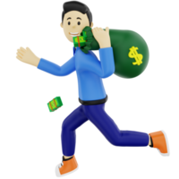 Personaje de hombre de negocios 3d con bolsa de dinero. png