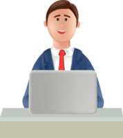 illustration of businessman sitting at desk using laptop. illustration of businessman working on laptop. Smiling worker working on laptop png