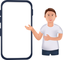 illustration portrait souriant jeune homme avec gros téléphone. illustration dessin animé debout homme avec un doigt pointé sur l'écran du smartphone. jeune homme fait une présentation sur écran vide png