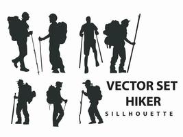 conjunto vectorial de siluetas de diferentes estilos de aventura para excursionistas y mochileros, escalada, camping, montaña, aislado en fondo blanco vector