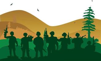 vector silhouettes of soldiers group 1 team various styles holding weapons, preparing for battle, green clothes isolated on white background