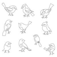 conjunto vectorial de silueta de pájaro en estilo plano varios estilos y formas se posan en una rama, vector de pájaro plano aislado en fondo blanco