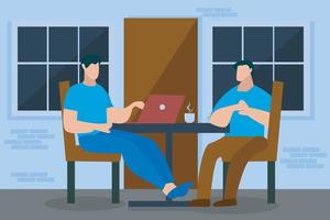 vector flat illustration of two business people working remotely in a caffe casually drinking coffee and doing work. enjoying bussines, laptop, remote working