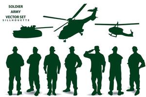 vector silhouettes of soldiers group 1 team various styles holding weapons, preparing for battle, green clothes isolated on white background