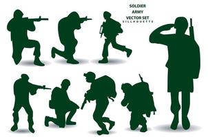 vector silhouettes of soldiers group 1 team various styles holding weapons, preparing for battle, green clothes isolated on white background