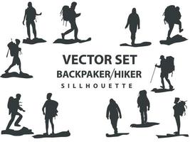 conjunto vectorial de siluetas de diferentes estilos de aventura para excursionistas y mochileros, escalada, camping, montaña, aislado en fondo blanco vector