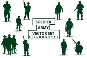 vector silhouettes of soldiers group 1 team various styles holding weapons, preparing for battle, green clothes isolated on white background