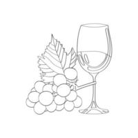 Wine and grapes with a leaf. Hand-drawn vector coloring.