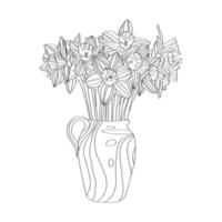 Bouquet of Narcissus in a vase. Hand-drawn vector coloring in sketch style.