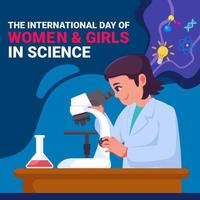 Smart Scientist Women Research with Microscope in International Day of Women and girls in Sciences vector
