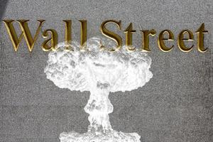 nuclear explosion on wall street stock exchange sign photo