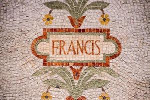 Pope Francis name in red mosaic patchwork