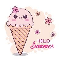 Hello summer hand drawn card. Cute cartoon kawaii ice cream cone character with flowers on a beige background. vector