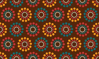 Mid century modern seamless pattern with circles of dots in brown, orange, red and turquoise. 60s and 70s aesthetic style for home decor, textile, wallpaper and wrapping paper vector