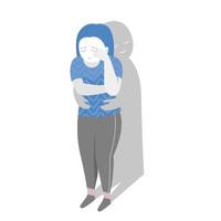 Isolated of person is crying alone with a comfort hug by her shadow, mental health concept in flat vector illustration.