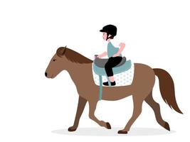 un niño montando a caballo con una ilustración vectorial plana y sonriente. vector