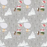 Seamless pattern with winter theme. Eskimo hauling fish. Seals lying near the lake and mountains. Seamless vector with winter for fabric or paper print.