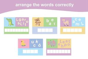 Arrange the words correctly. Worksheet for preschool. Writing practice. Vector file.