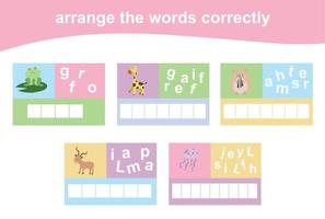 Arrange the words correctly. Worksheet for preschool. Writing practice. Vector file.