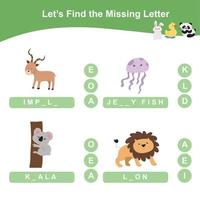 Finding missing letter. Worksheet for preschool. Writing practice. Vector file.