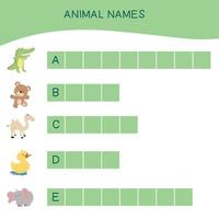 Animal name worksheet. Worksheet for preschool. Writing practice. Vector file.