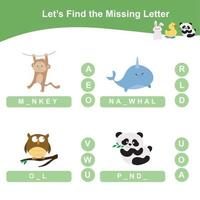 Finding missing letter. Worksheet for preschool. Writing practice. Vector file.