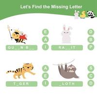 Finding missing letter. Worksheet for preschool. Writing practice. Vector file.