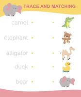 Trace and matching words with images. Educational printable worksheet. Cute animal worksheet theme. Preschool Education. Vector illustration.