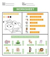 Children worksheet with animal theme. Educational activity sheet for preschool kids. Coloring, matching pictures and write animal names. Vector illustration.