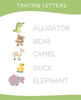 Tracing letters. Tracing names of animal names worksheet. Writing practice. Educational printable colorful worksheet. Vector file.