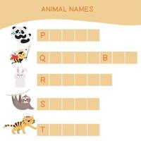 Animal name worksheet. Worksheet for preschool. Writing practice. Vector file.