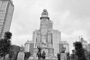 MAdrid spain place placa de espana monument Miguel de Cervantes in black and white photo