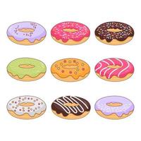 conjunto de donuts brillantes con diferentes glaseado y chispas sobre un fondo blanco. pasteles dulces, rosquillas vectoriales 3d. se puede utilizar en el menú de panaderías, restaurantes, cafés, pancartas o cajas de entrega. vector