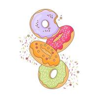 conjunto de rosquillas de colores de dibujos animados aislado sobre fondo blanco. donuts con diferentes tipos de glaseado y coberturas. ilustración vectorial vector