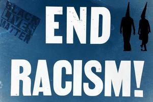 end racism sign 1960 decade style with kkk silhouette and black lives matter photo