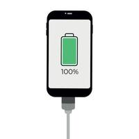 A fully charged smartphone battery. Smartphone with battery level indicator and USB connection. Vector infographic.