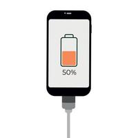 Smartphone with battery level indicator and USB connection. Vector infographic.