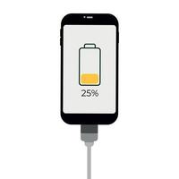 Smartphone with battery level indicator and USB connection. Vector infographic.