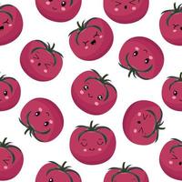 Seamless pattern of pink tomatoes in the style of kawaii. Vector illustration on white.