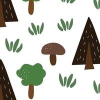 Natural trees doodle pattern in summer style with mushroom and grass. vector