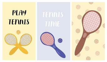 Tennis tournament postcards and banners in different colors. Sport doodle style illustrations cards with tennis racquets. vector