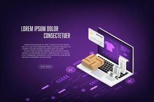 Vector isometric laptop online shopping concept Technology abstract background