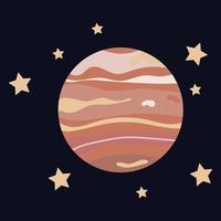 Flat illustration with planet Jupiter with stars on dark background vector