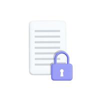 3d vector cartoon render paper document sheet with lock sign and secure protected icon design