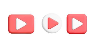 Set of minimal style 3d vector red and white round, square and rectangle play button icons for web and app ui element design