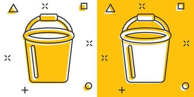 icono de cubo en estilo cómico. Ilustración de vector de dibujos animados de bote de basura sobre fondo blanco aislado. concepto de negocio de efecto de salpicadura de cubo.