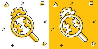 Loupe with gear icon in comic style. Magnifying glass cartoon vector illustration on white isolated background. Seo exploration splash effect business concept.