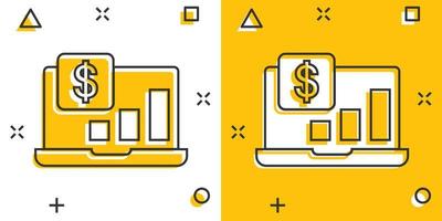 Laptop computer chart icon in comic style. Money diagram cartoon vector illustration on white isolated background. Financial process splash effect business concept.