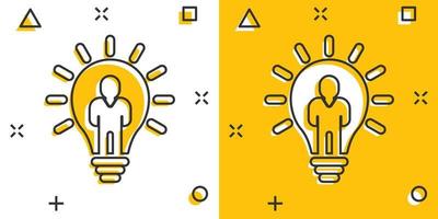 People with bulb icon in comic style. idea cartoon vector collection illustration on white isolated background. Brain mind splash effect business concept.